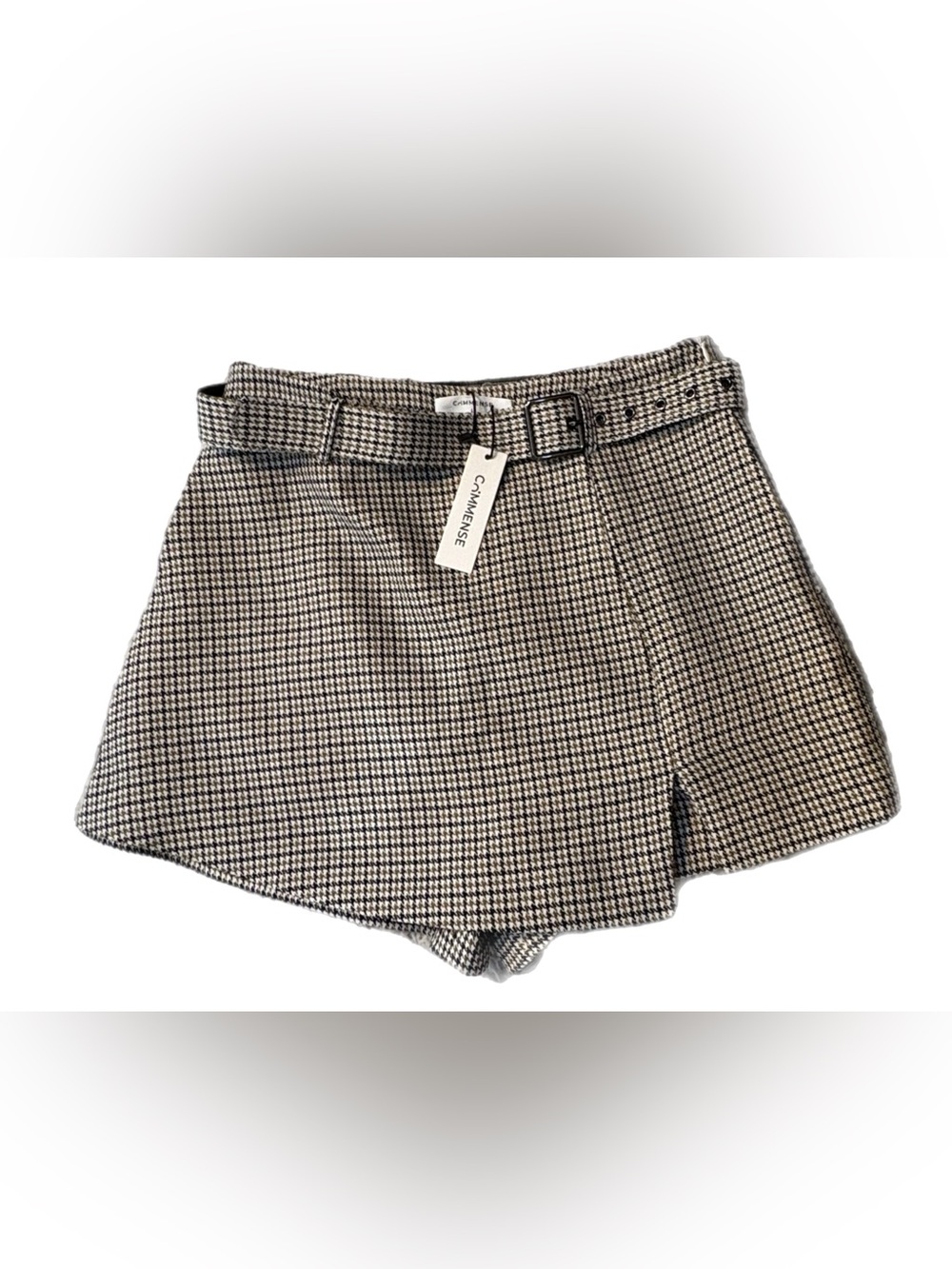 Commense Houndstooth Faux-Wrap Mini Skort with Belt Brown & Black